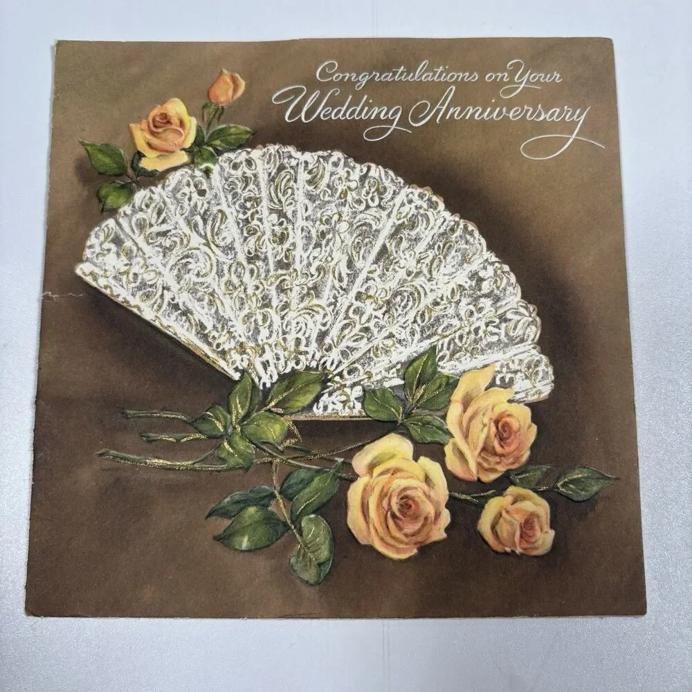 Vintage Hallmark Pop Up Wedding Anniversary Card Lace Fan Roses 3D MCM Art Decor
